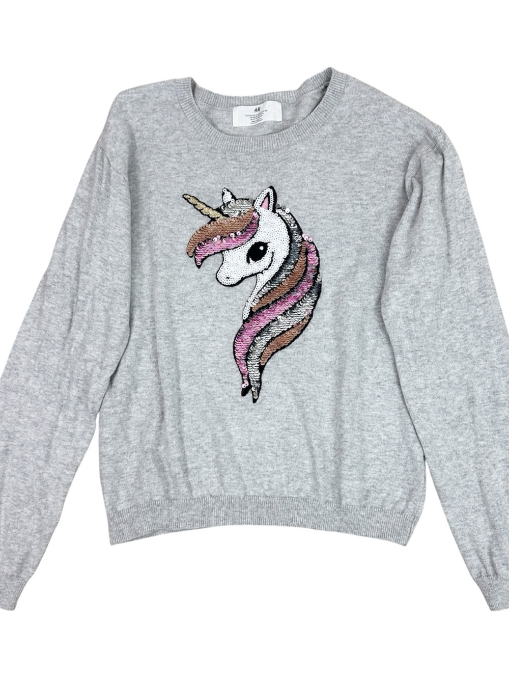 H&M Kids Light Gray Knit Crewneck Sweater Sequin Unicorn Appliqué